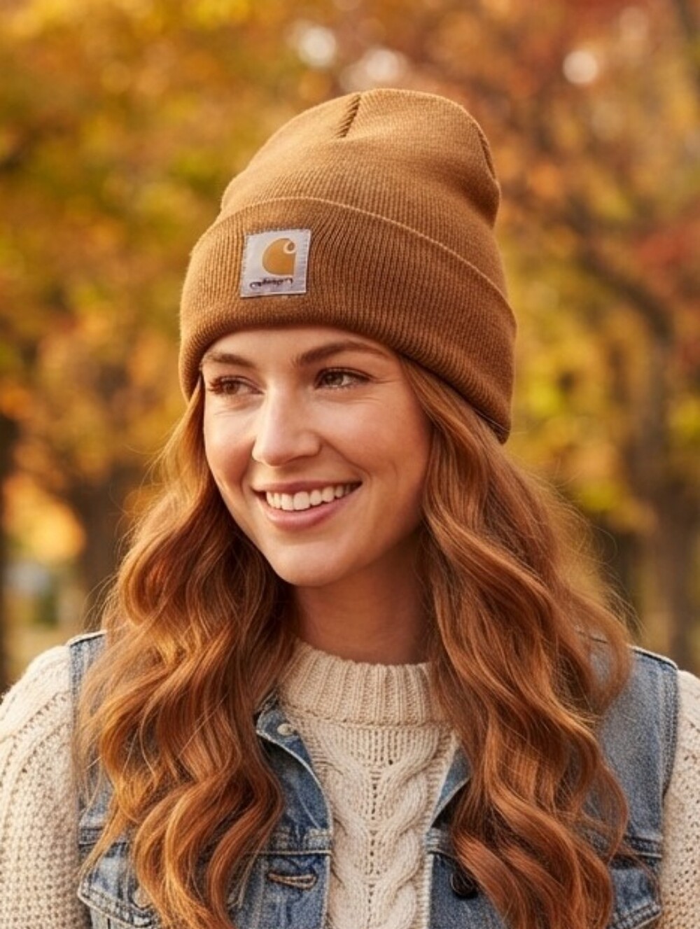 Carhartt Brown Acrylic Knit Cuffed Beanie Hat Brown Carhartt Patch 101070